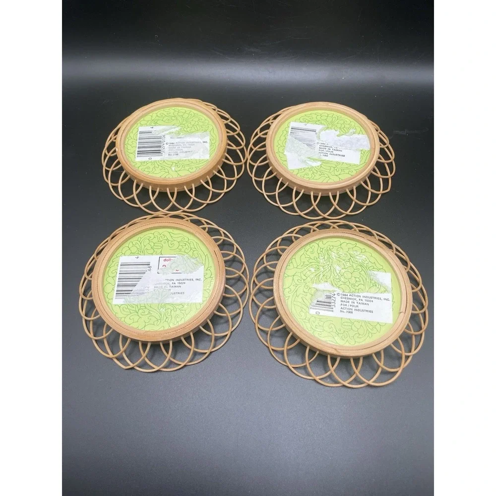 Vintage 80s Wicker Wooden Coasters With Floral And Butterfly Pattern Set Of Four